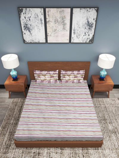 Off White & Brown Stripes Patterned 210 TC Queen Bedsheet with 2 Pillow Covers
