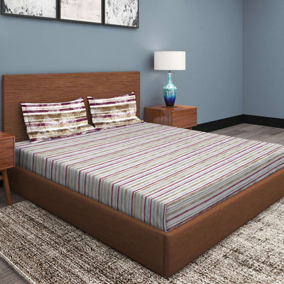 Off White & Brown Stripes Patterned 210 TC Queen Bedsheet with 2 Pillow Covers