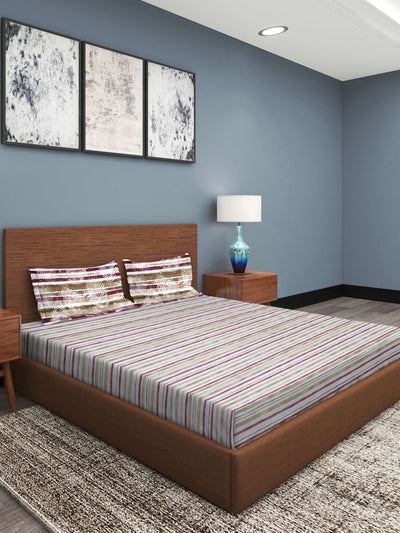 Off White & Brown Stripes Patterned 210 TC Queen Bedsheet with 2 Pillow Covers