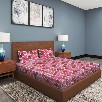 Pink & Purple Geometric Patterned 210 TC King Bedsheet with 2 Pillow Covers