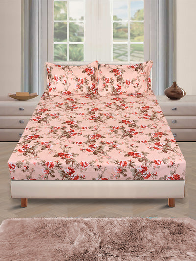 ROMEE Peach Floral 150 TC King Bedsheet with 2 Pillow Covers