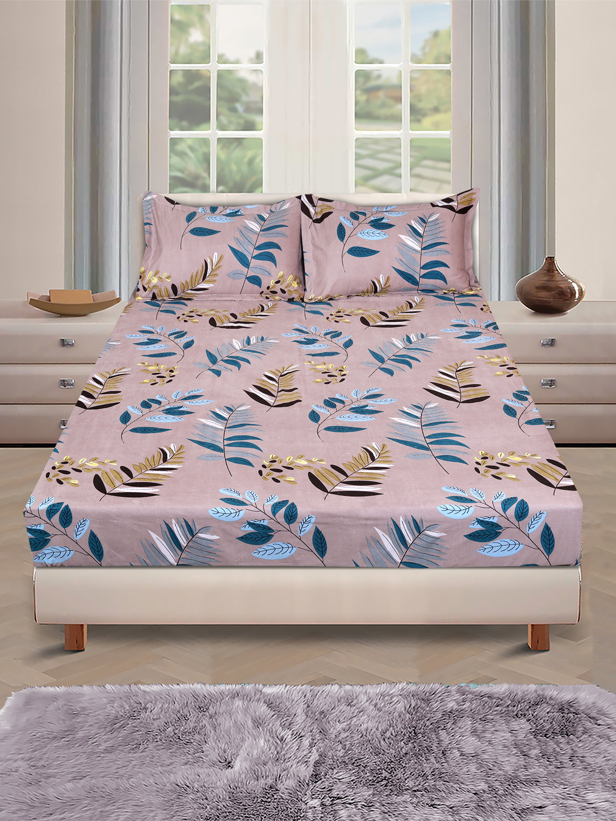 ROMEE Beige & Teal Floral 150 TC King Bedsheet with 2 Pillow Covers