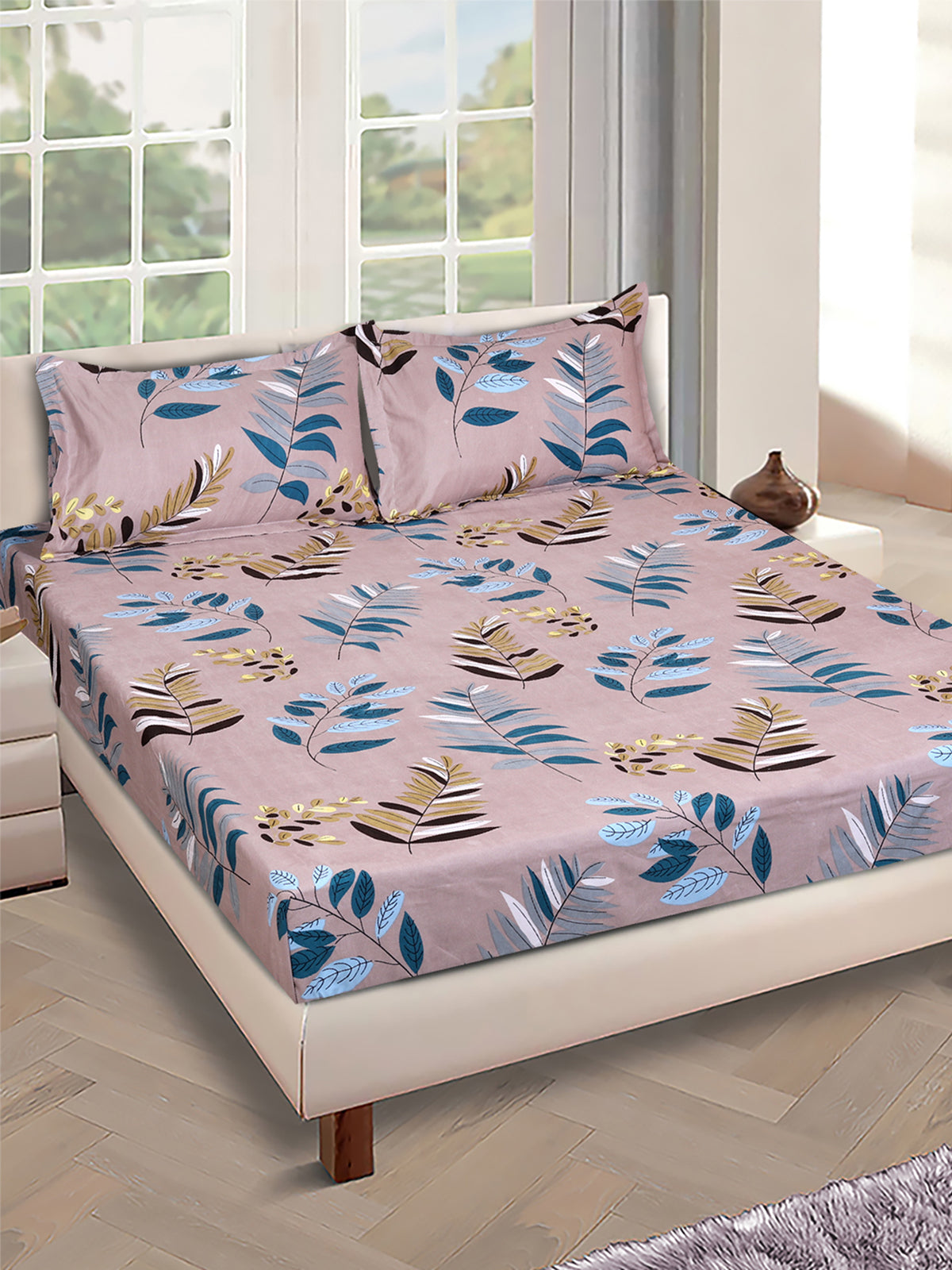 ROMEE Beige & Teal Floral 150 TC King Bedsheet with 2 Pillow Covers