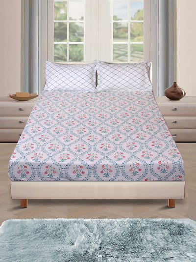 Off White Floral PATTERNED 144 TC QUEEN BEDSHEET WITH 2 PILLOW COVERS