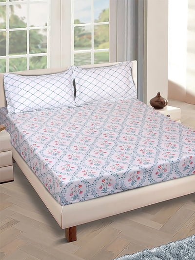 Off White Floral PATTERNED 144 TC QUEEN BEDSHEET WITH 2 PILLOW COVERS