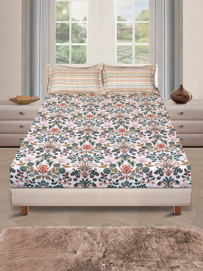 Green & White Floral PATTERNED 144 TC QUEEN BEDSHEET WITH 2 PILLOW COVERS