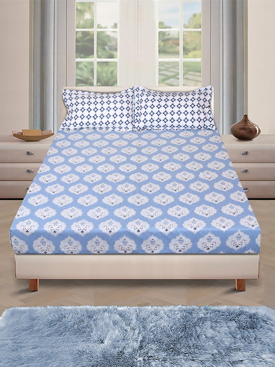 Blue & White Ethnic Motifs PATTERNED 144 TC QUEEN BEDSHEET WITH 2 PILLOW COVERS