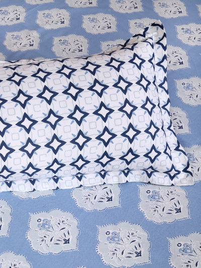 Blue & White Ethnic Motifs PATTERNED 144 TC QUEEN BEDSHEET WITH 2 PILLOW COVERS