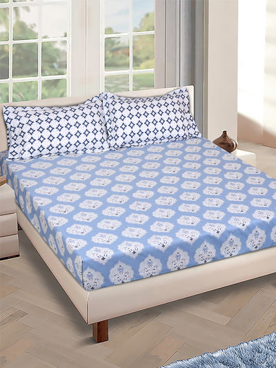 Blue & White Ethnic Motifs PATTERNED 144 TC QUEEN BEDSHEET WITH 2 PILLOW COVERS