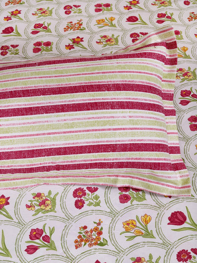 White & Green Floral PATTERNED 144 TC QUEEN BEDSHEET WITH 2 PILLOW COVERS
