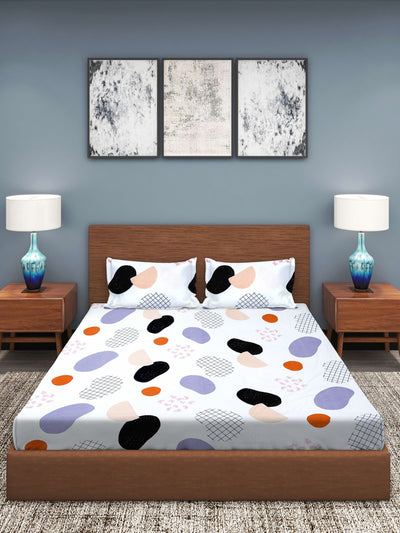 White Abstract Patterned 210 TC Queen Bedsheet with 2 Pillow Covers