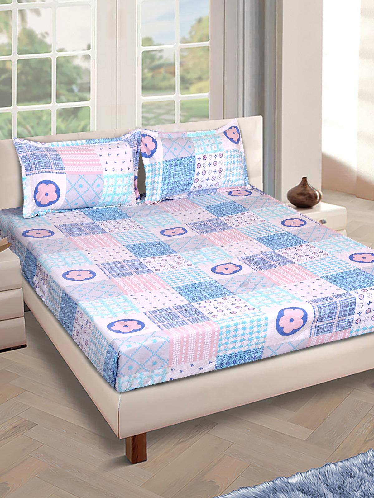ROMEE Peach & Blue Ethnic Motifs 186 TC King Bedsheet with 2 Pillow Covers