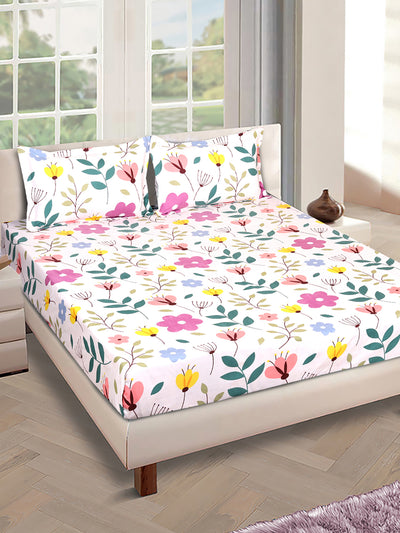 ROMEE Cream Floral 186 TC King Bedsheet with 2 Pillow Covers