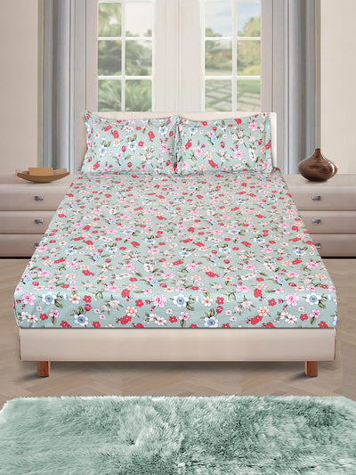 ROMEE Green Floral 186 TC King Bedsheet with 2 Pillow Covers
