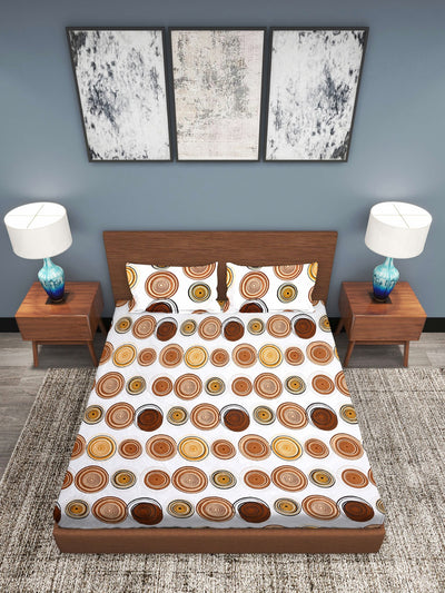 White & Brown Circle Patterned 210 TC Queen Bedsheet with 2 Pillow Covers