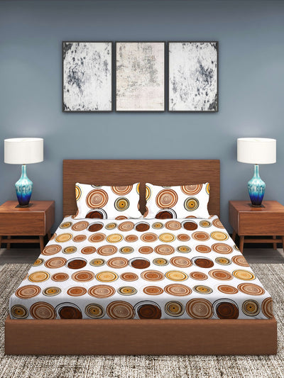 White & Brown Circle Patterned 210 TC Queen Bedsheet with 2 Pillow Covers