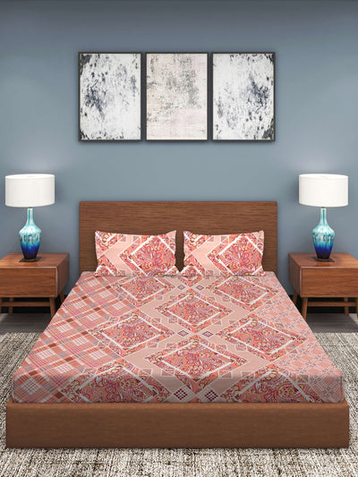 Peach Ethnic Motifs Patterned 210 TC Queen Bedsheet with 2 Pillow Covers