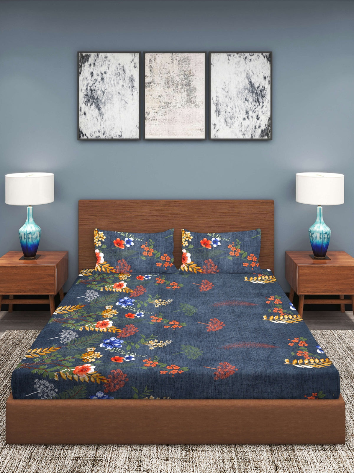 Navy Blue Floral Patterned 210 TC Queen Bedsheet with 2 Pillow Covers