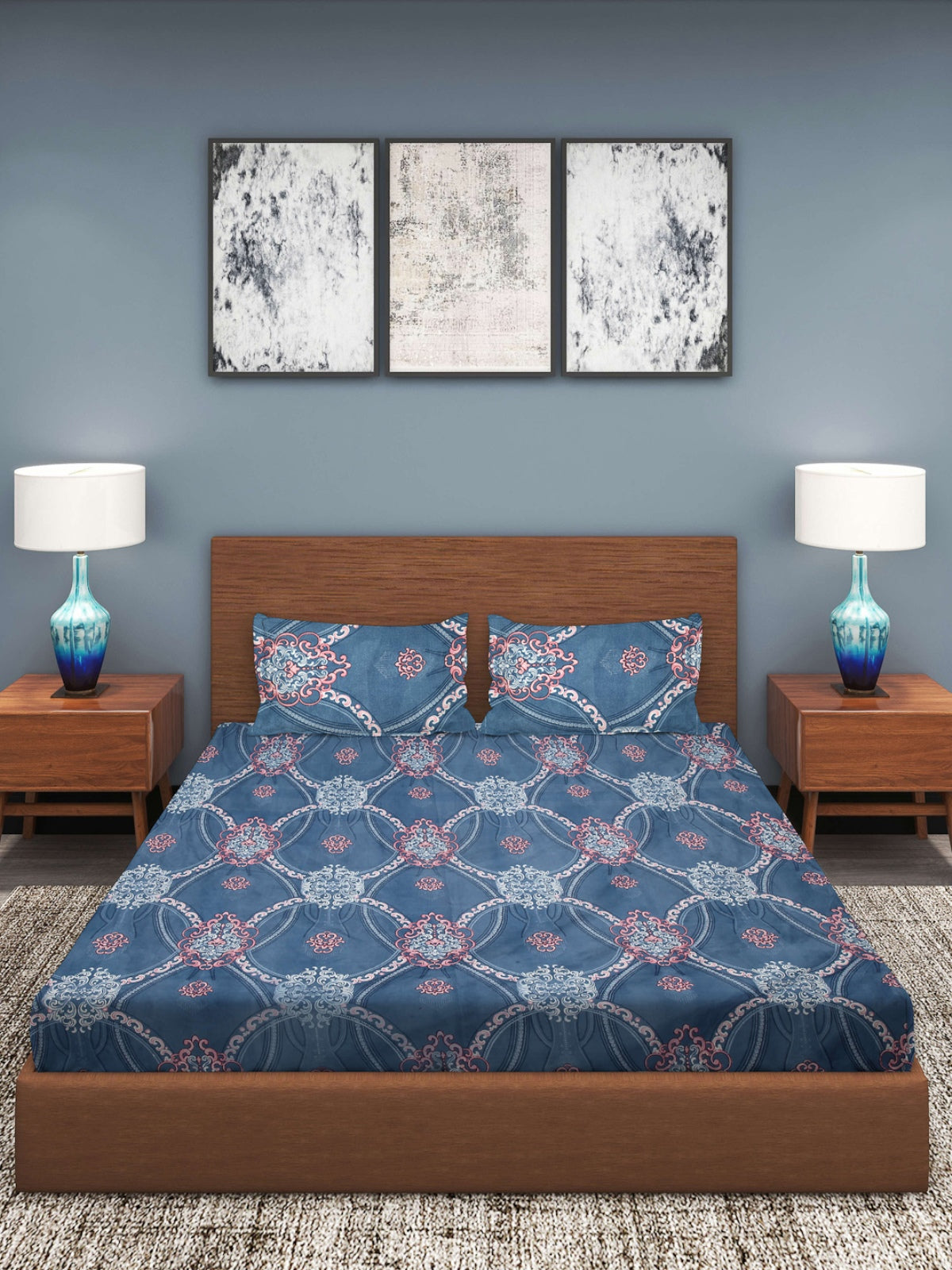 Blue Ethnic Motifs Patterned 210 TC Queen Bedsheet with 2 Pillow Covers