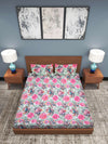 Green & Pink Floral Patterned 210 TC Queen Bedsheet with 2 Pillow Covers