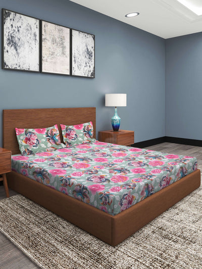 Green & Pink Floral Patterned 210 TC Queen Bedsheet with 2 Pillow Covers