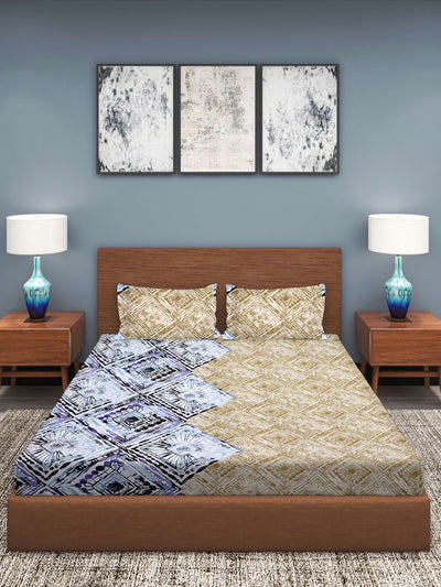 Beige & Blue Ethnic Motifs Patterned 210 TC Queen Bedsheet with 2 Pillow Covers