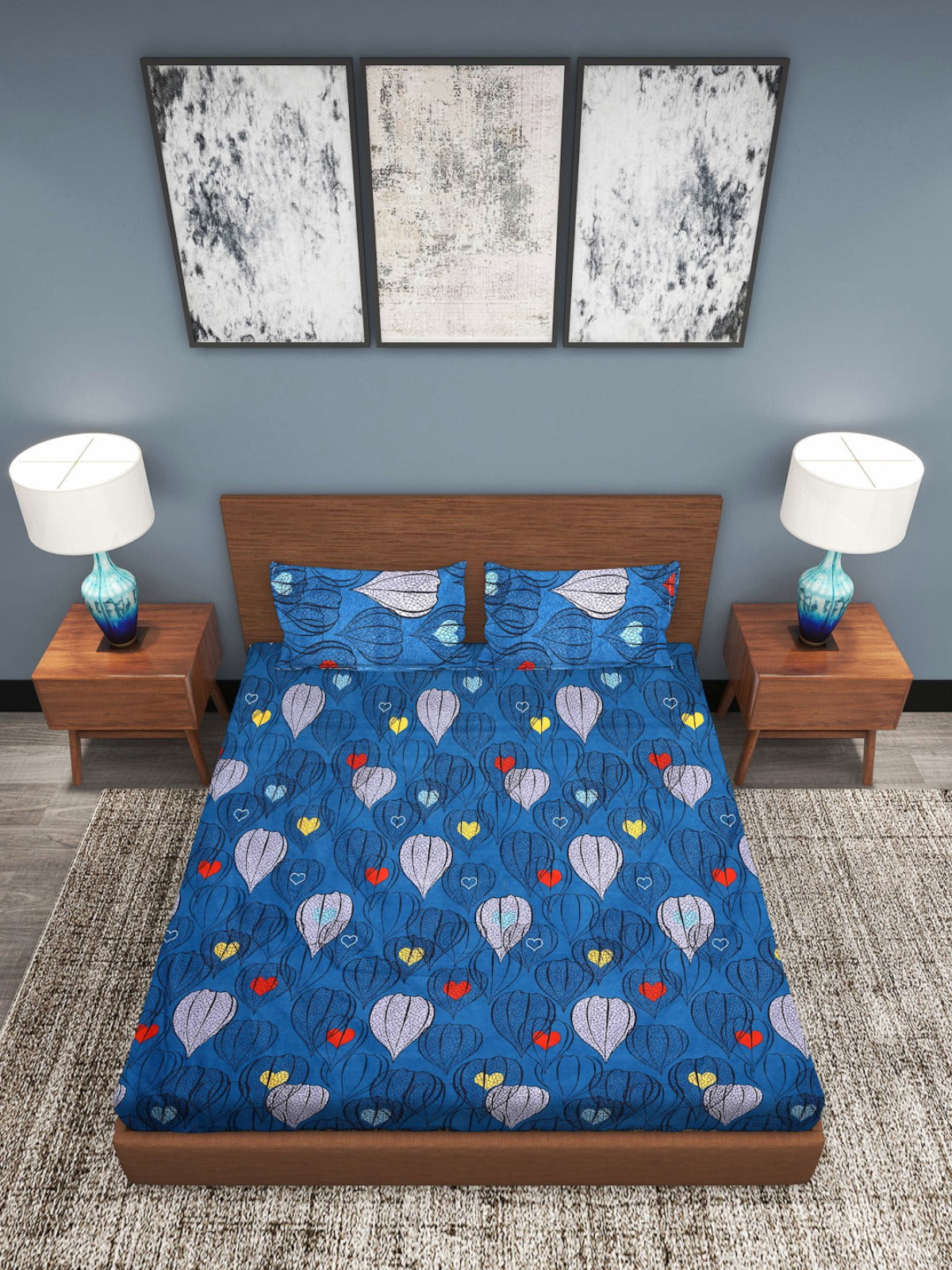 Blue Printed Patterned 210 TC Queen Bedsheet with 2 Pillow Covers