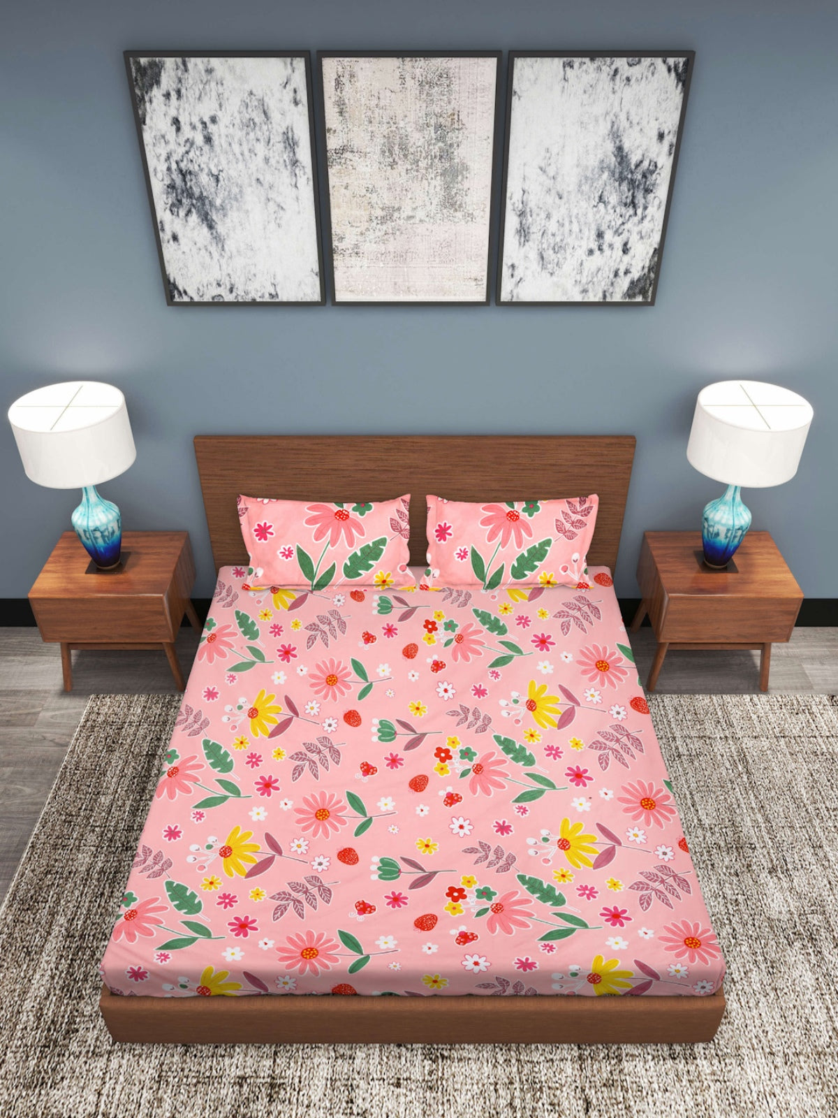 Peach-Coloured & White Floral 144 TC Queen Bedsheet with 2 Pillow Covers