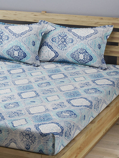 ROMEE Blue & White Ethnic Motifs 210 TC King Bedsheet with 2 Pillow Covers