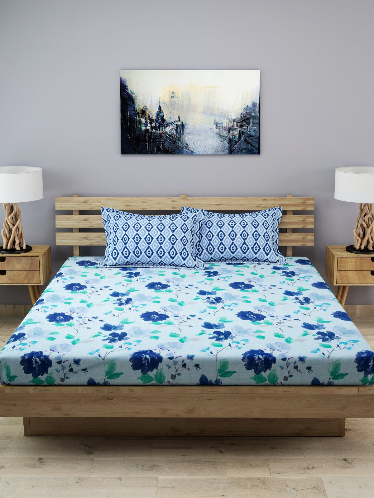 Blue 210 TC Bedsheet with 2 Pillow Covers