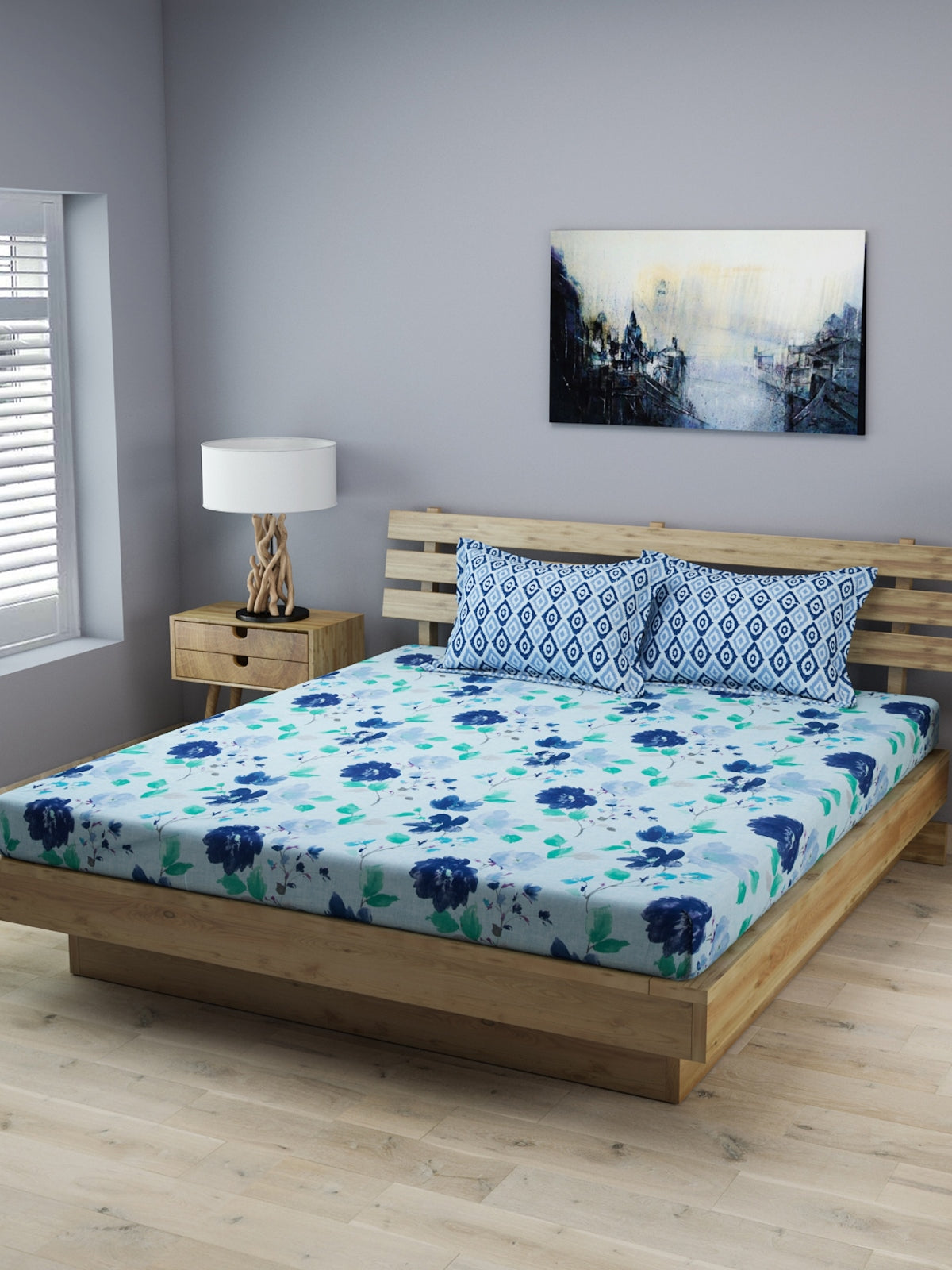 Blue 210 TC Bedsheet with 2 Pillow Covers