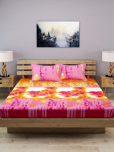 Pink & Mustard 210 TC Bedsheet with 2 Pillow Covers
