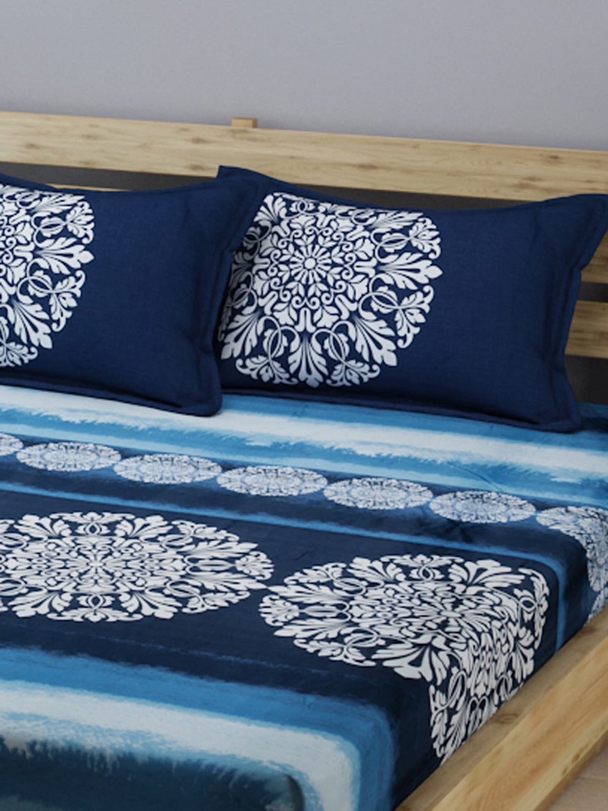 Navy Blue & Blue 210 TC Bedsheet with 2 Pillow Covers
