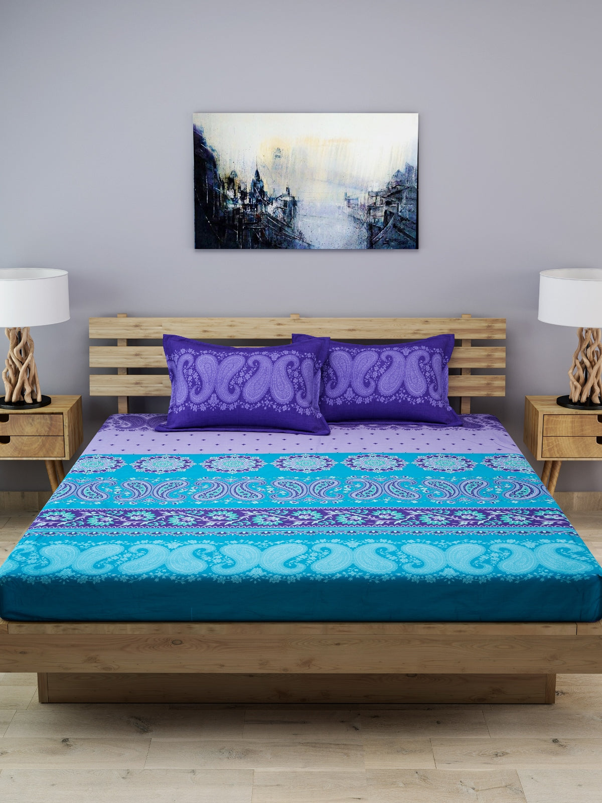 Blue & Purple 210 TC Bedsheet with 2 Pillow Covers