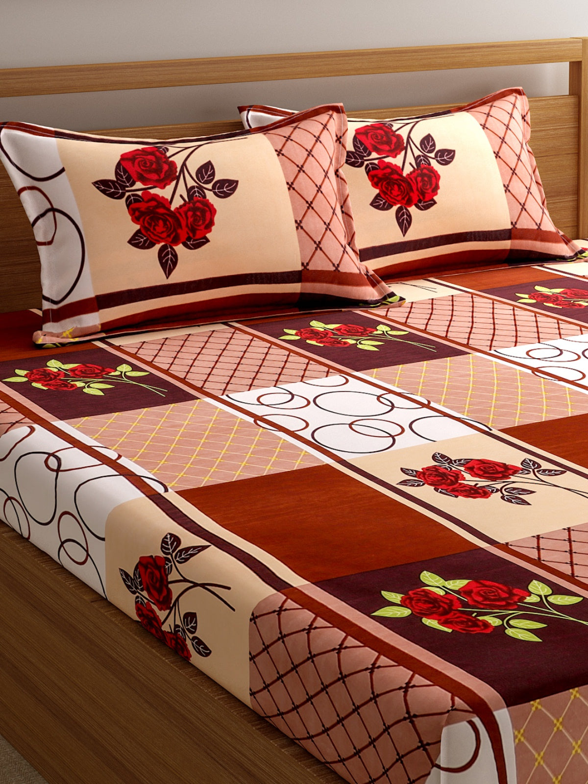 144 TC Beige & Maroon Bedsheet with 2 Pillow Covers