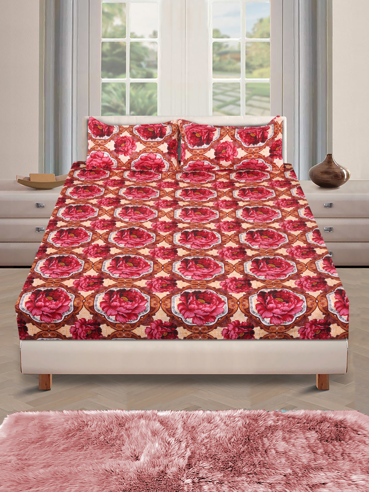 144 TC Red Bedsheet with 2 Pillow Covers