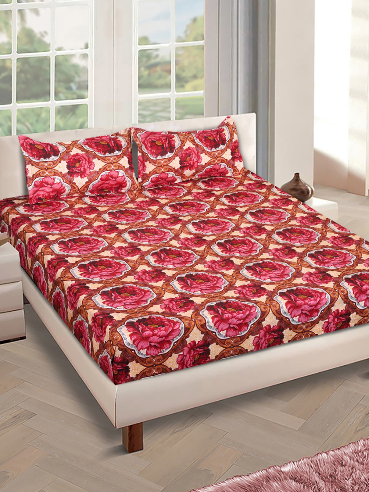 144 TC Red Bedsheet with 2 Pillow Covers
