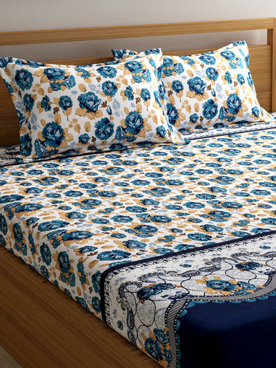144 TC White & Blue Bedsheet with 2 Pillow Covers