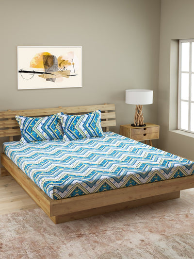 144 TC Blue & White Bedsheet with 2 Pillow Covers
