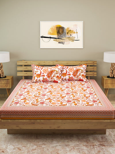 ROMEE White & Peach Floral 210 TC King Bedsheet with 2 Pillow Covers