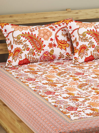 ROMEE White & Peach Floral 210 TC King Bedsheet with 2 Pillow Covers