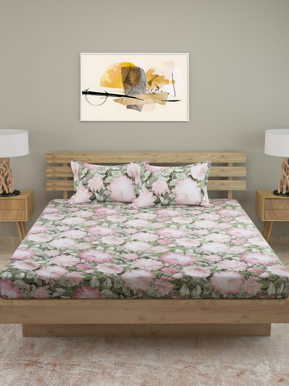 250 TC Green & Pink Bedsheet with 2 Pillow Covers