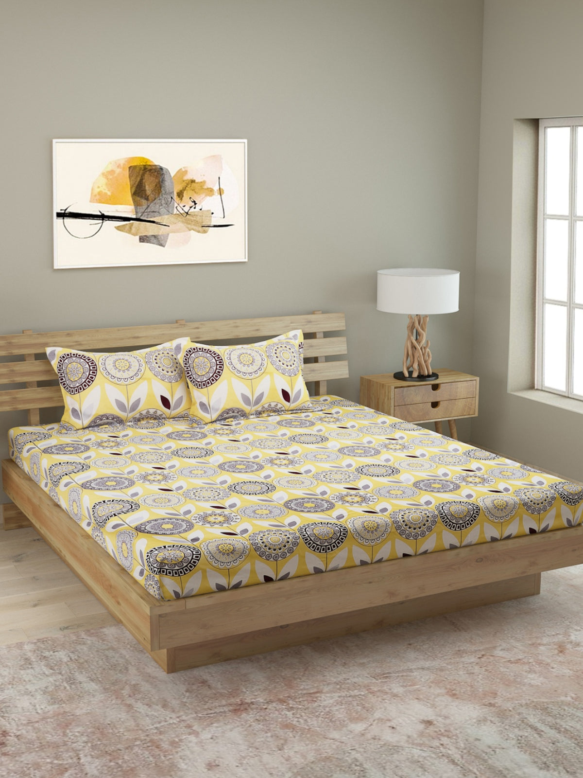 250 TC Yellow & Grey Bedsheet with 2 Pillow Covers