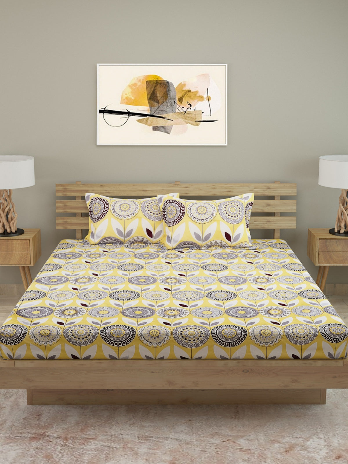 250 TC Yellow & Grey Bedsheet with 2 Pillow Covers