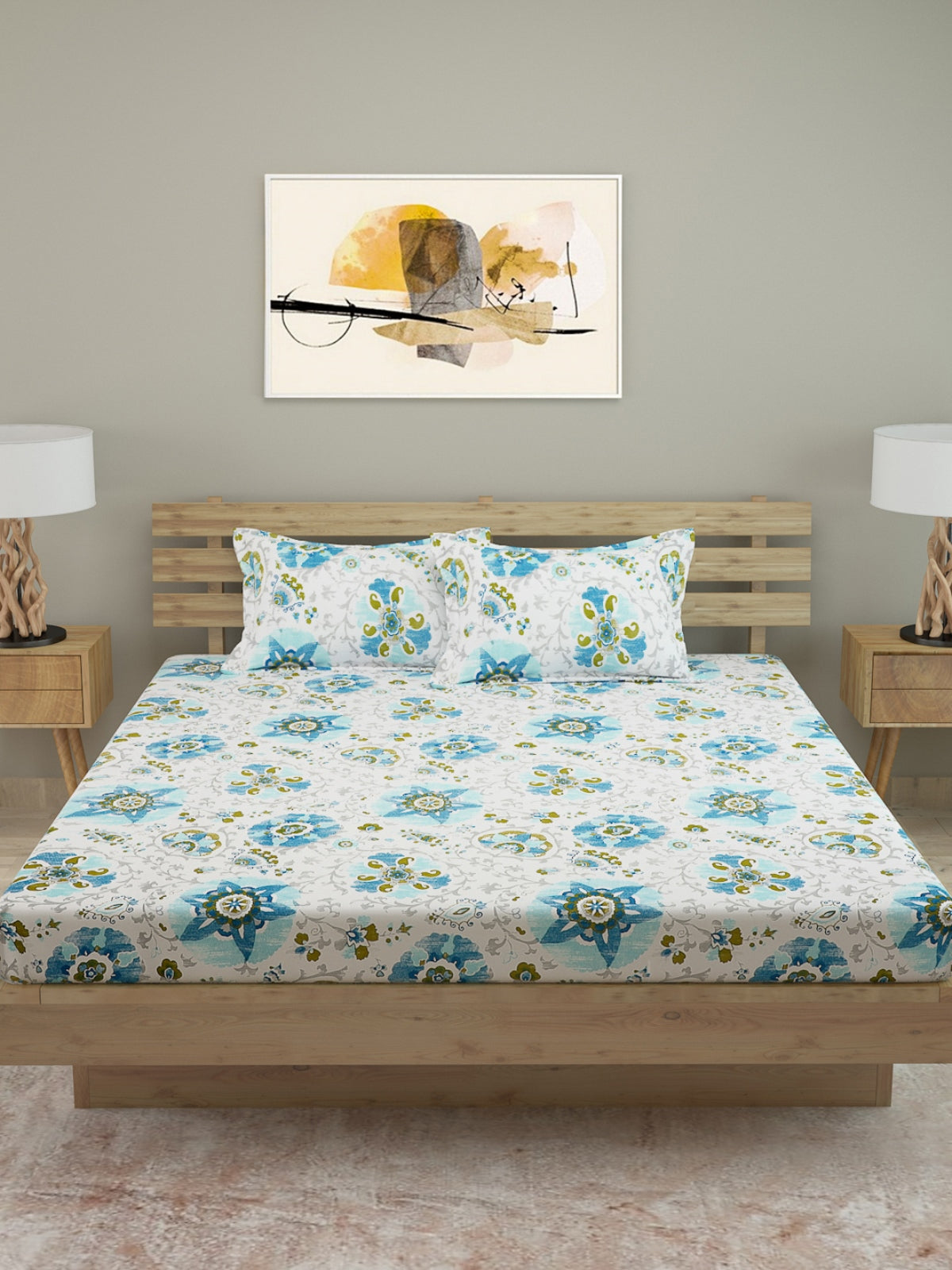 180 TC White & Turquoise Blue Bedsheet with 2 Pillow Covers