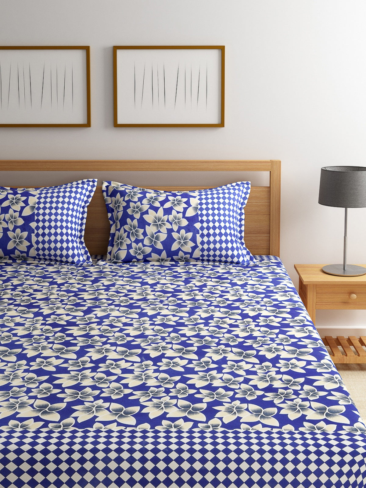 Blue & White 144 TC Bedsheet with 2 Pillow Covers