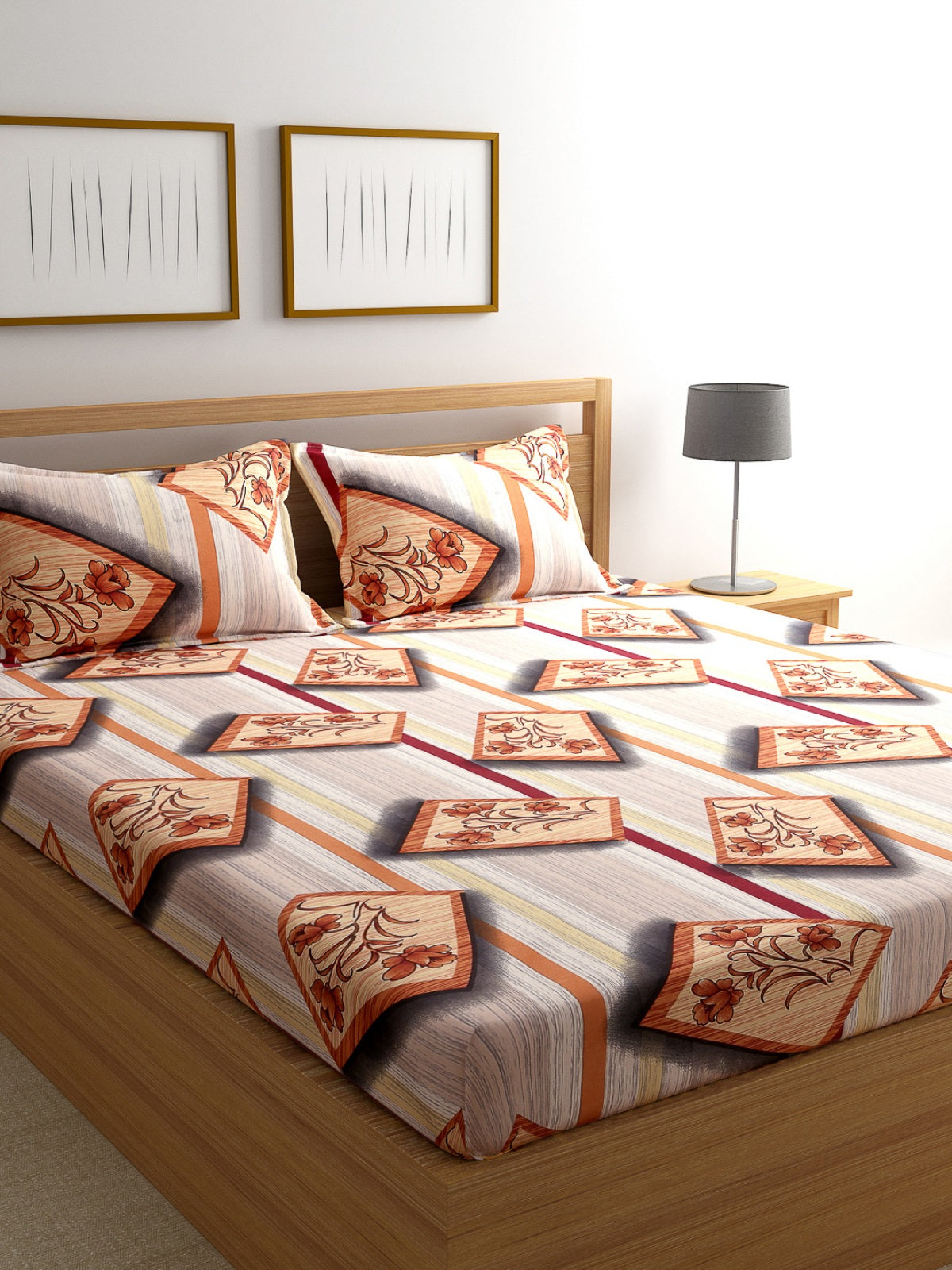 Multicolour 144 TC Bedsheet with 2 Pillow Covers