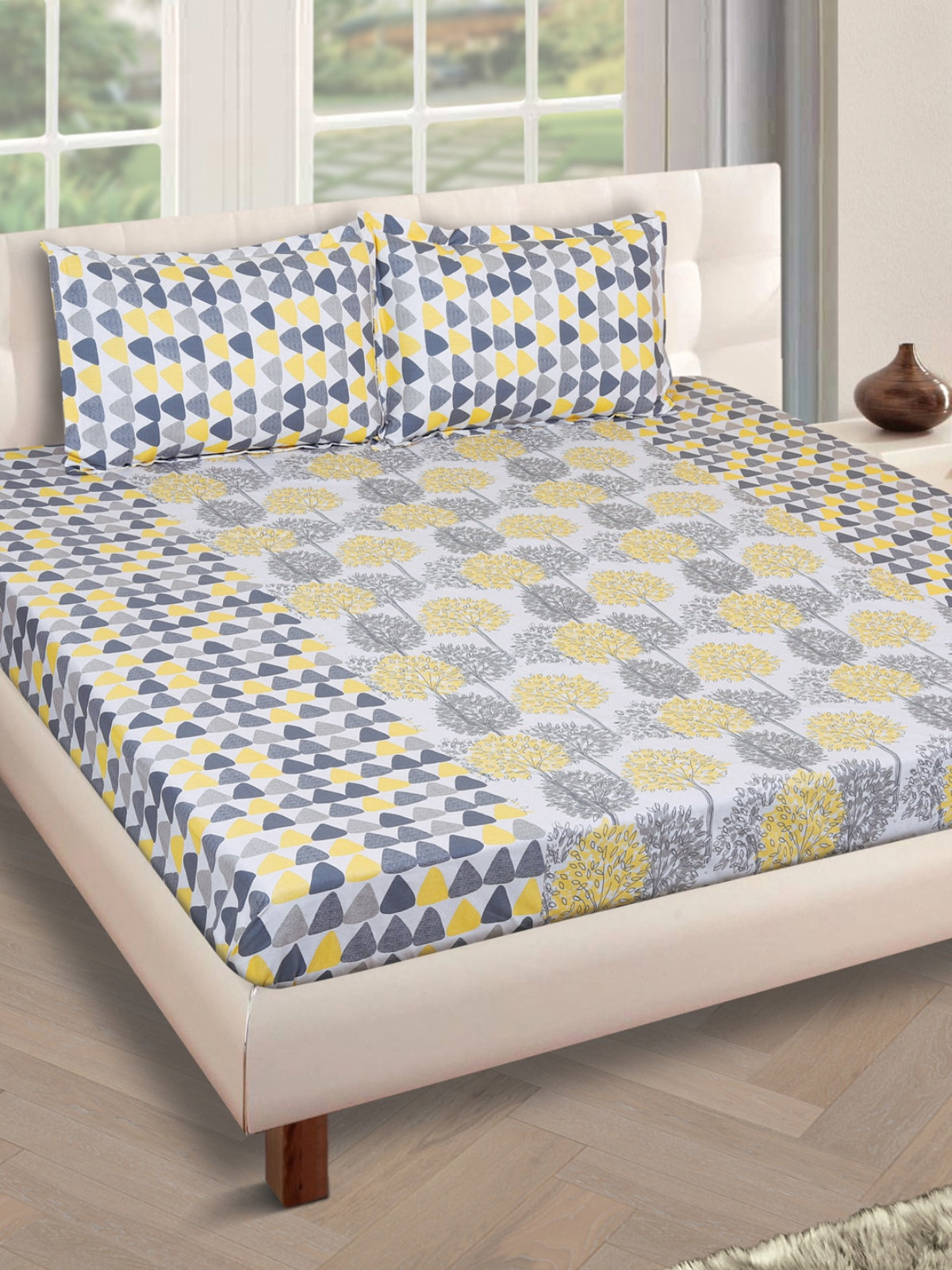 Light Blue & Yellow 160 TC Bedsheet with 2 Pillow Covers