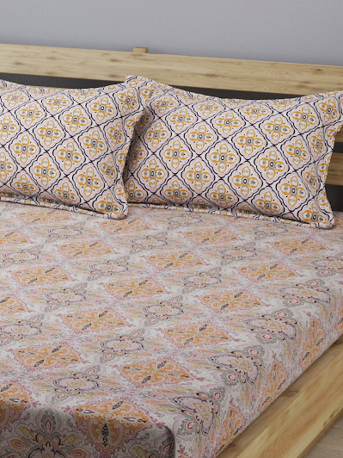 ROMEE Mustard & Light Pink Ethnic Motifs 210 TC King Bedsheet with 2 Pillow Covers