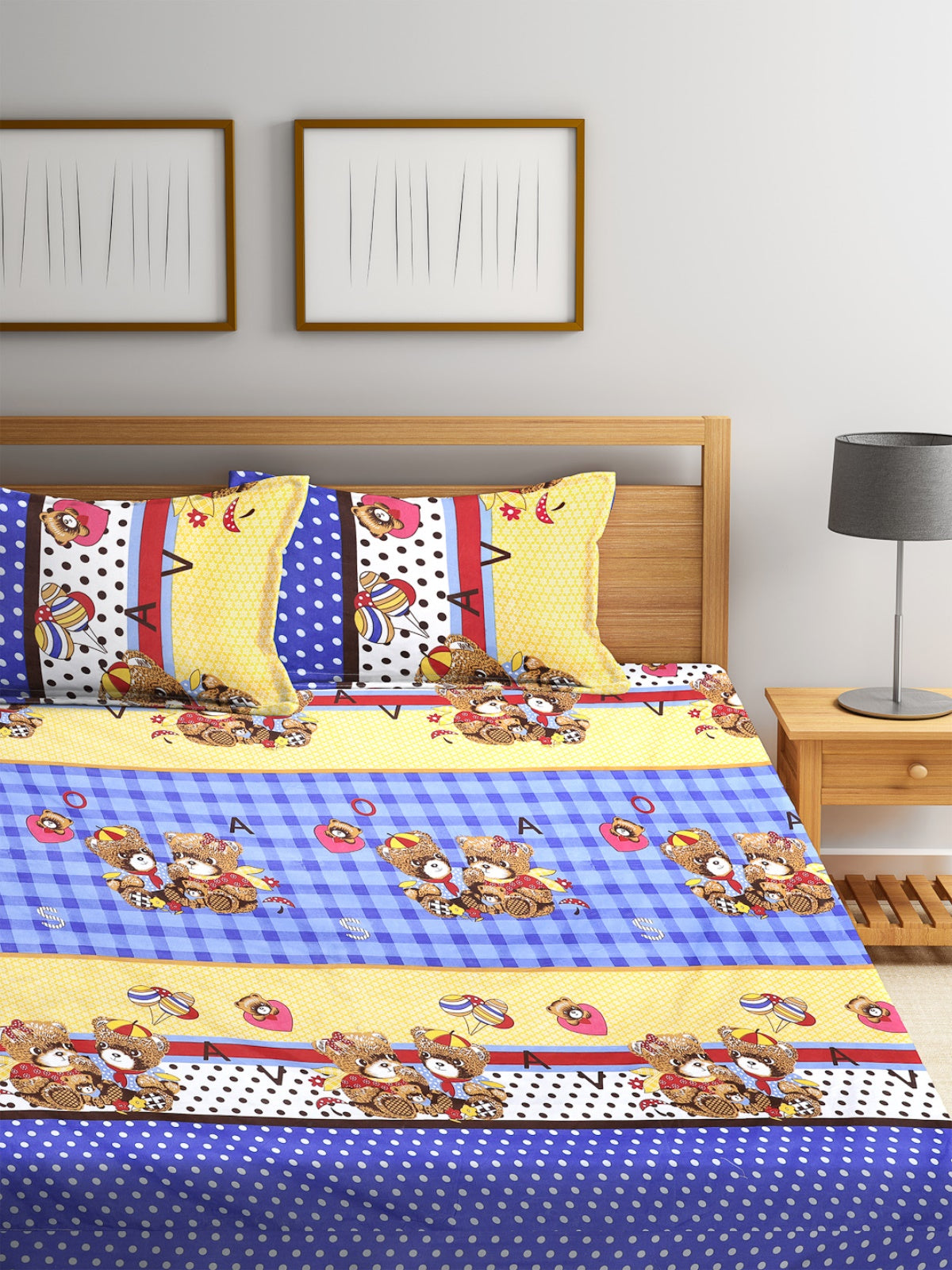 144 TC Blue & Yellow Double Bedsheet with 2 Pillow Covers